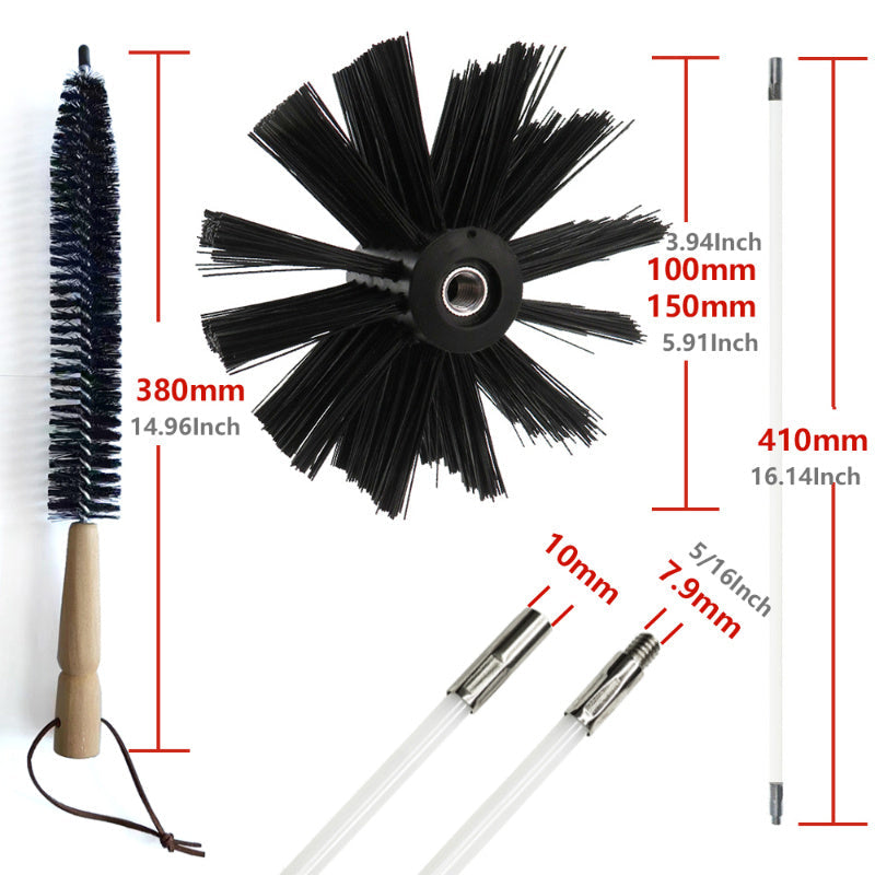 Get your fireplace chimney and dryer vents squeaky clean with this convenient kit featuring multiple components. Includes a 100mm head brush, 410mm long handle, and reusable plastic handle. Reach 19.68-30ft for thorough cleaning.