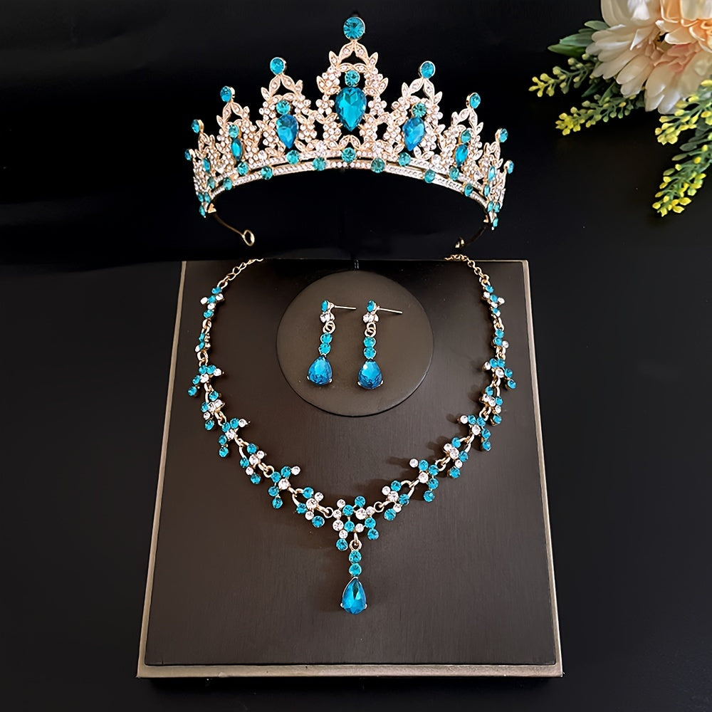 Crystal bridal tiara and crown earrings, necklace jewelry set for women and princess girls. Jeweled wedding tiara for brides, perfect for birthdays and cosplay. This set includes three pieces.