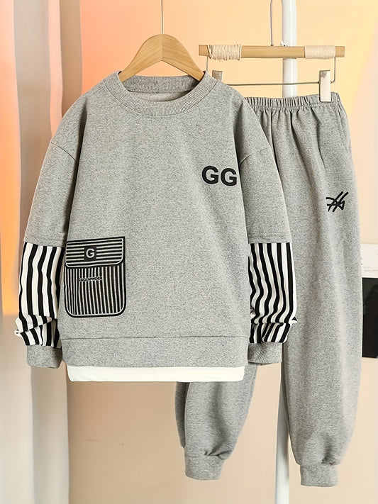 Boy's Street Style Crew Neck Outfit: Pocket Print Sweatshirt & Track Pants Set, Casual Long Sleeve Top for Spring/Fall Daily & Outdoor Wear.