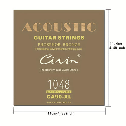 Acoustic folk guitar strings with carbon steel and phosphor copper coating, rust-resistant, high-quality packaging, 6 strings, bright sound, smooth feel, ideal for stage performance.