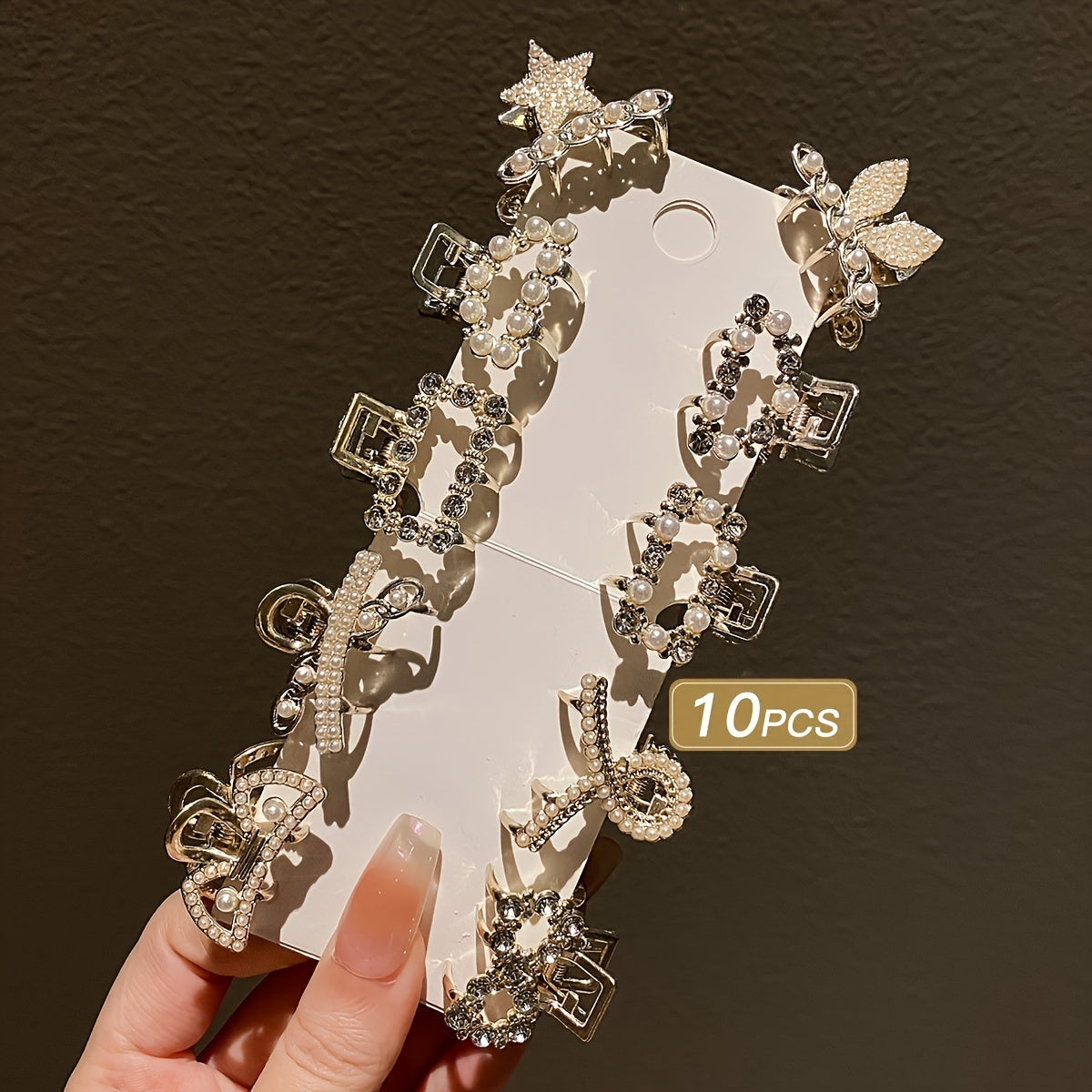 Hair gripper set of 10 small alloy mini hair catchers with rhinestone accents, perfect for princess hairstyles.