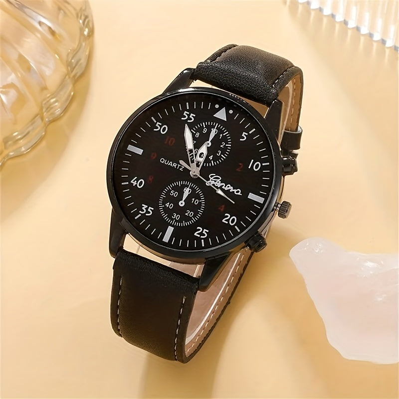 Set of 5 Fashion Men's Casual Black Leather Watches with Life Tree Design and Rope Strap