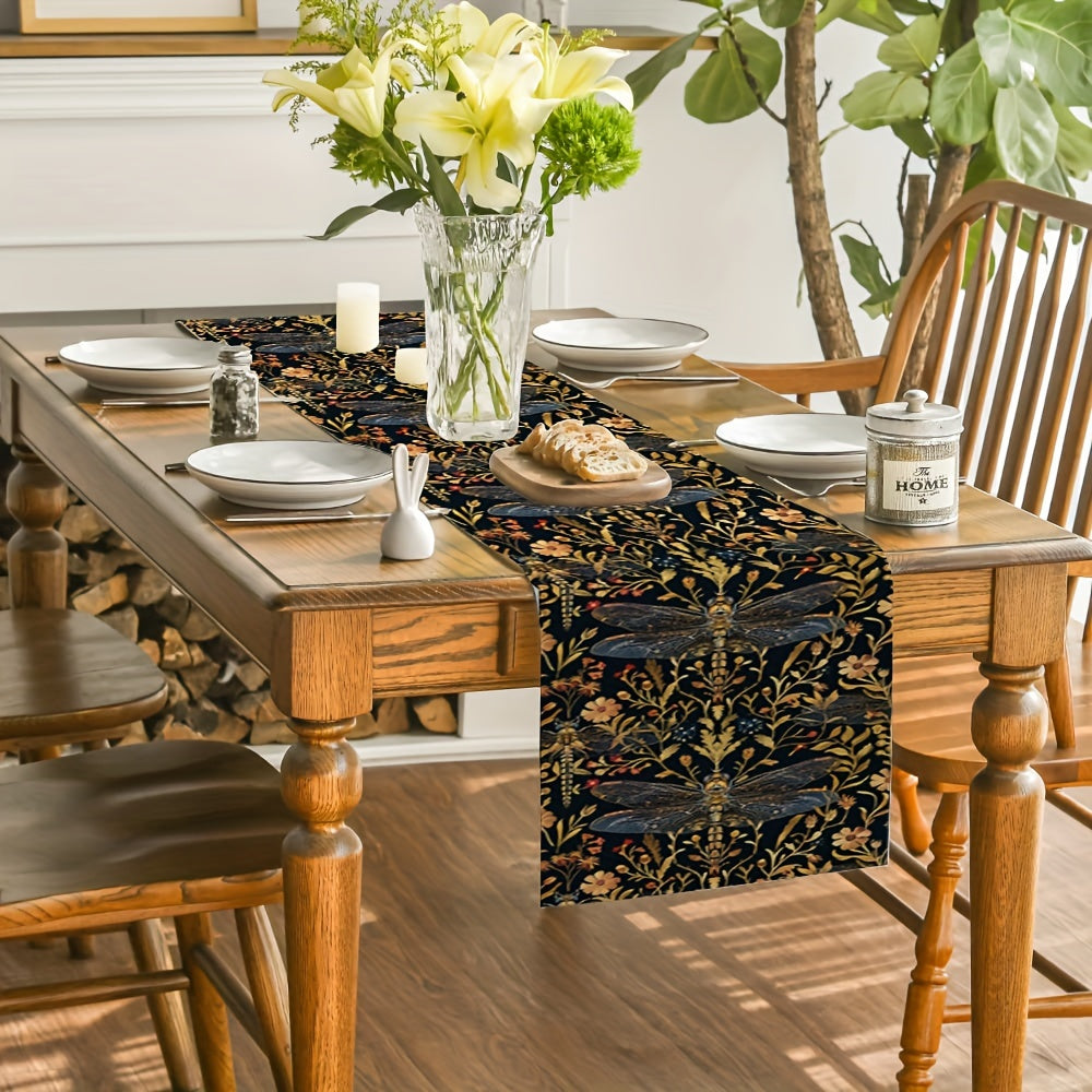 Elegant William Morris dragonfly floral table runner made from polyester for kitchen, dining room, parties, and home decor. Ideal for tabletop decoration.