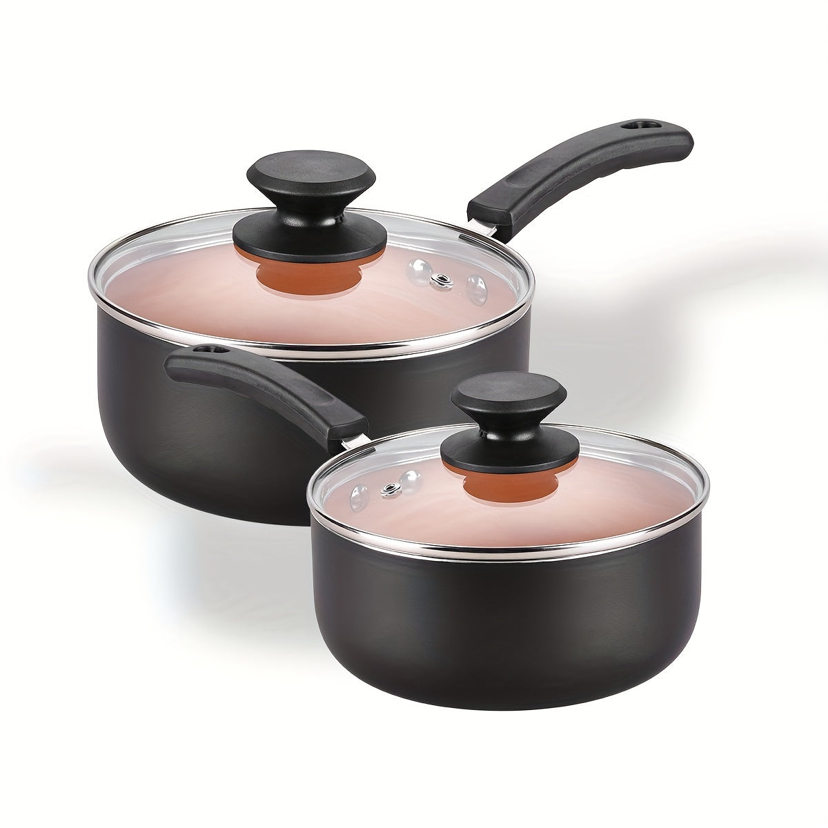 Set of four nonstick sauce pans with lids, includes 1 quart and 2 quart sizes. Features easy clean technology, pour spout, induction compatibility, and PFOA free materials in a stylish golden and black color combination.