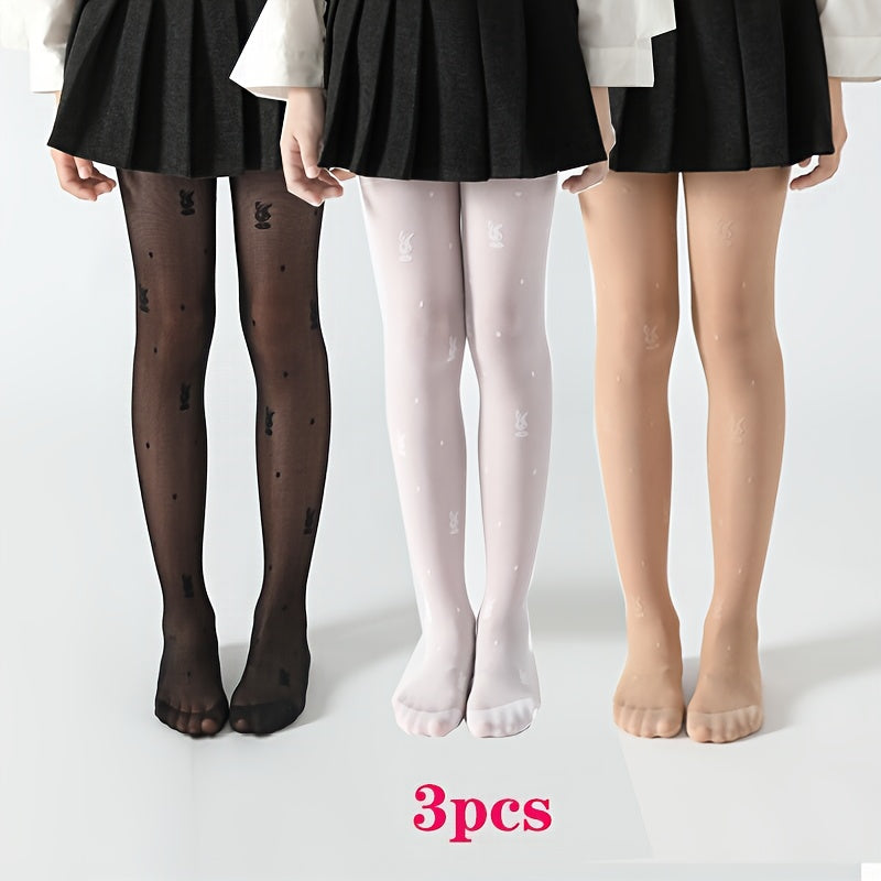 3 girls' nylon blend tights with floral jacquard, hand wash only