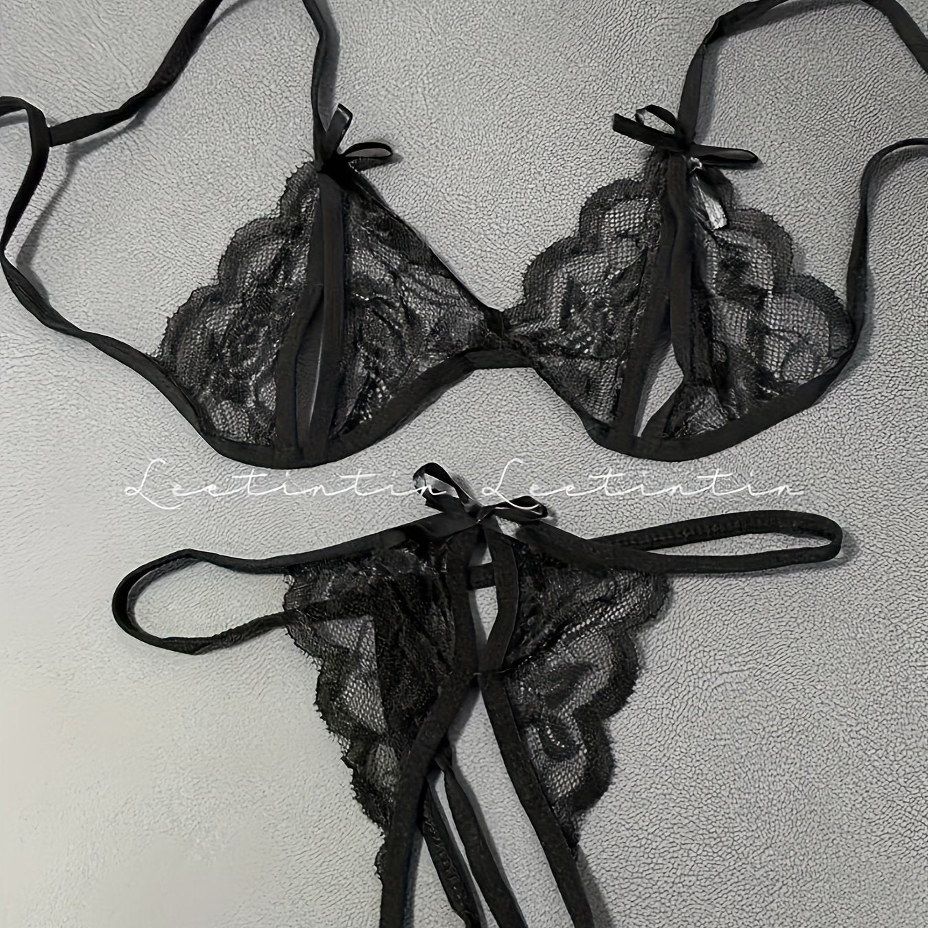 Floral lace lingerie set with solid color, featuring a sexy semi-sheer bra and matching crotchless thong for romantic nights.