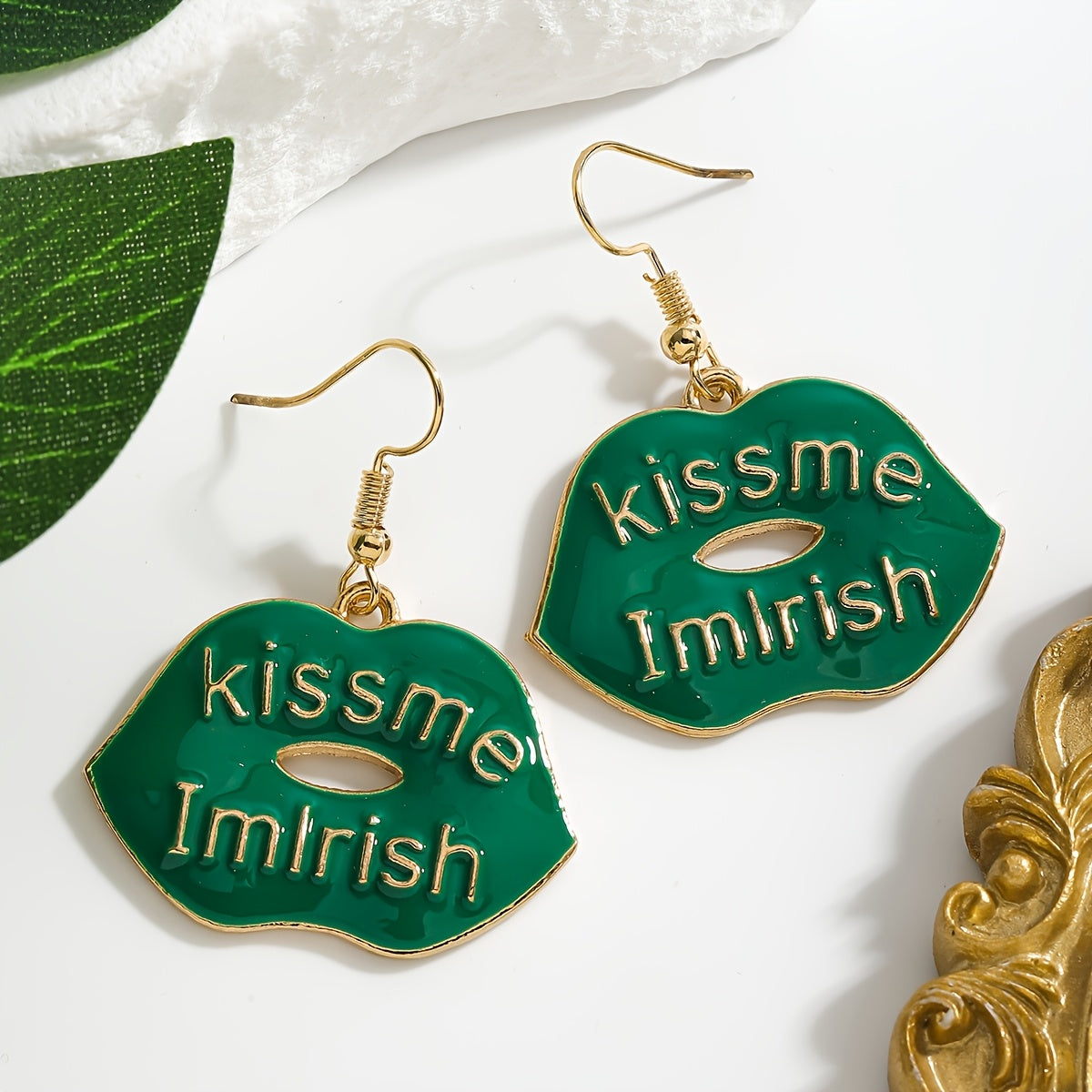 St. Patrick's Day Charm Earrings featuring a Lucky Clover and Rainbow Design adorned with Sparkling Rhinestones. Made with Stainless Steel Posts, these Earrings are crafted from Alloy, making them a Perfect Gift for Her. In Irish Green, Lip-shaped, Oil