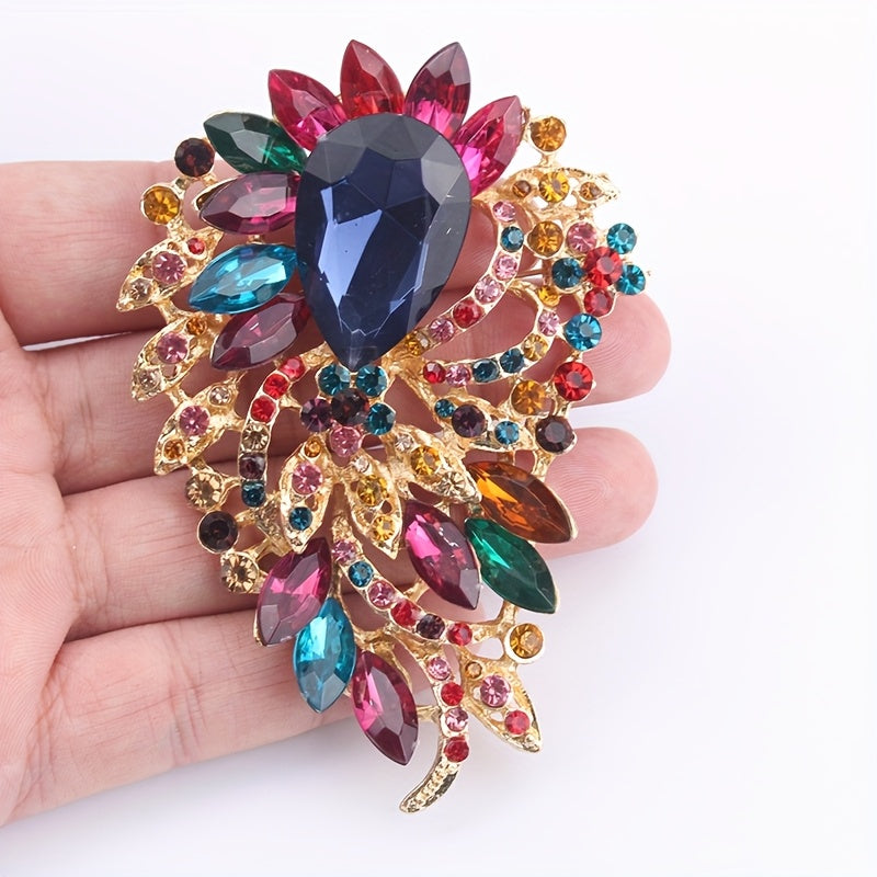 Wholesale women's party spot elegant luxury fashion brooch with large water drop rainbow crystal moon design.