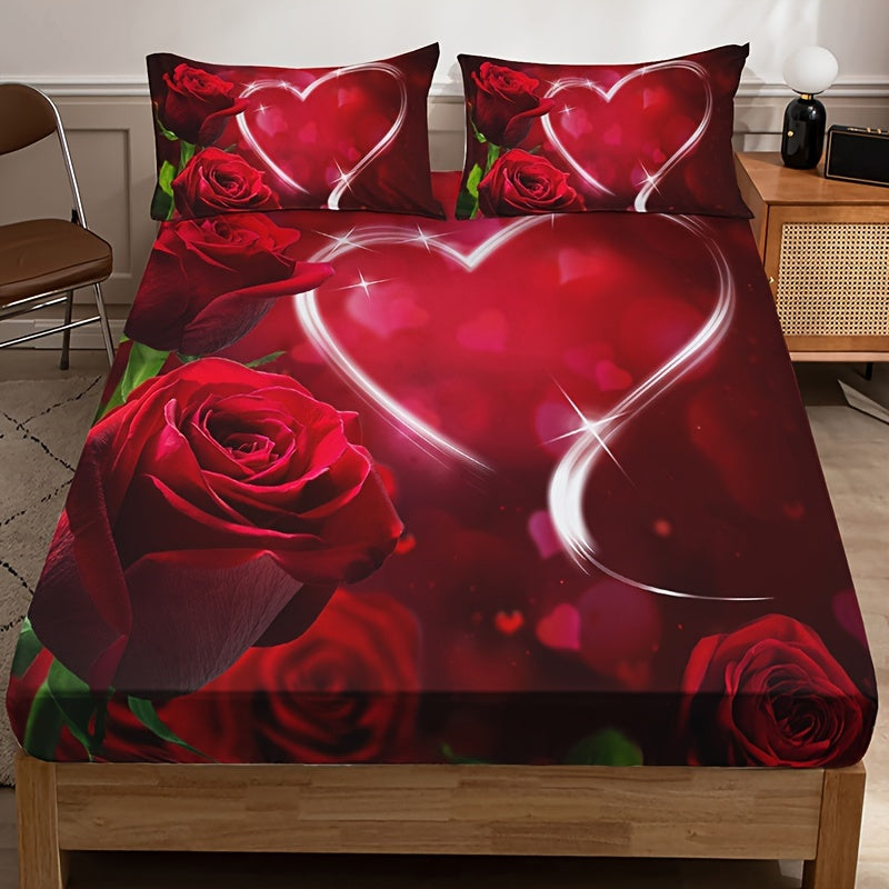 Set the mood with the 3-piece Romantic Rose Love Print Fitted Sheet Set. This soft, comfortable, and breathable bedding set includes a fitted sheet and two pillowcases, perfect for your bedroom or guest room. (Core not included)