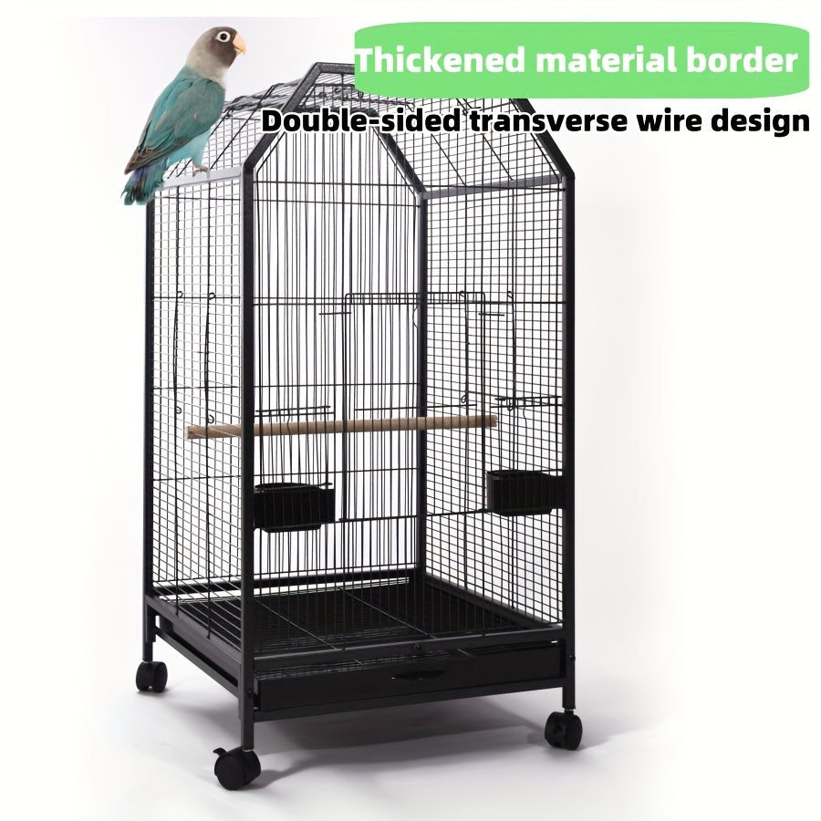 Metal bird cage for small to medium parrots, ideal for home and pet use, includes perch, feeder, water cup, and window.