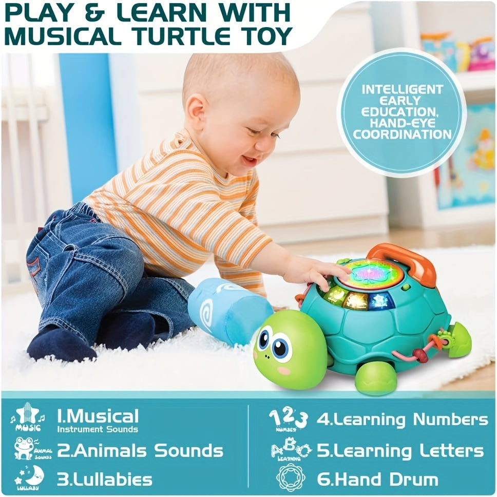 Musical light-up turtle toy for kids - educational crawling and learning toy with hand drum, keyboard, colorful buttons. Ideal first birthday gift made of ABS material in green/white.