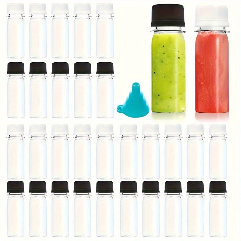 Set of 12 Small Plastic Bottles with White and Black Caps, 2 oz (60ml) - Resealable, Safe Containers for Liquids, Oils, and Vinegars, Comes with Blue Silicone Funnel for Convenient Refilling - Perfect for Events like Catering, Parties, or Wedding Gifts