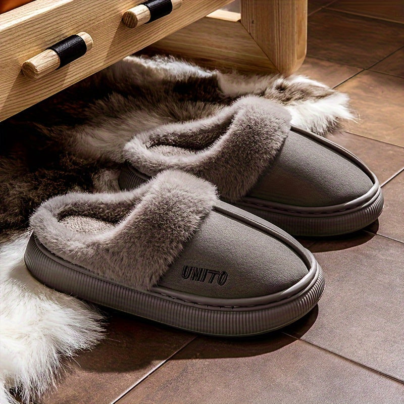 Cozy winter plush slippers for men and women with soft fabric lining, non-slip sole, machine washable. Available in beige and gray with white fur trim. Perfect for indoor comfort.