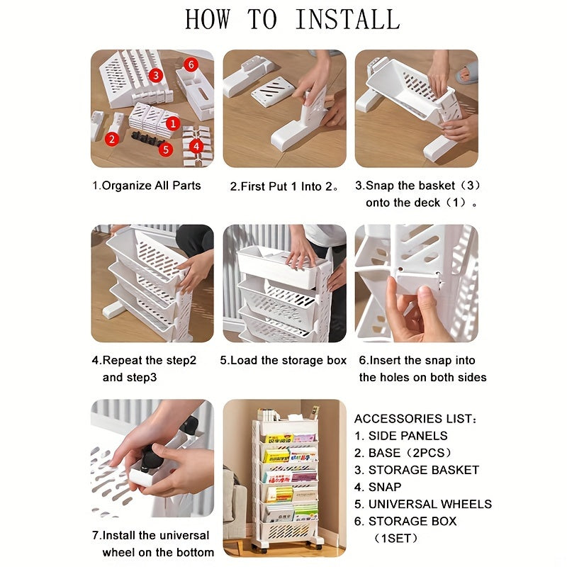 White plastic storage shelf with 5 or 6 layers for organizing items in office.