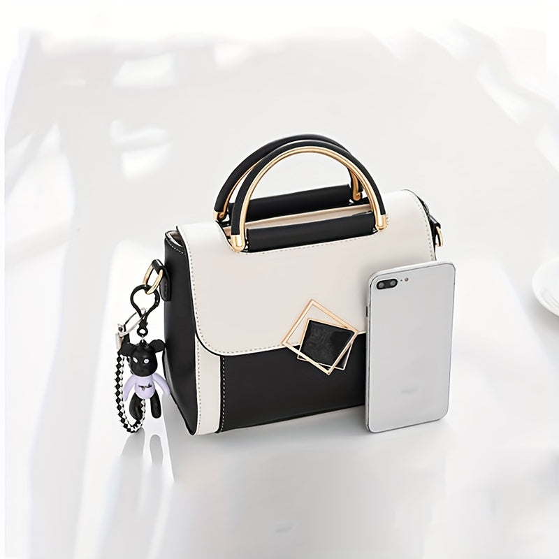 Chic color contrast handbag with lock detail perfect for women.