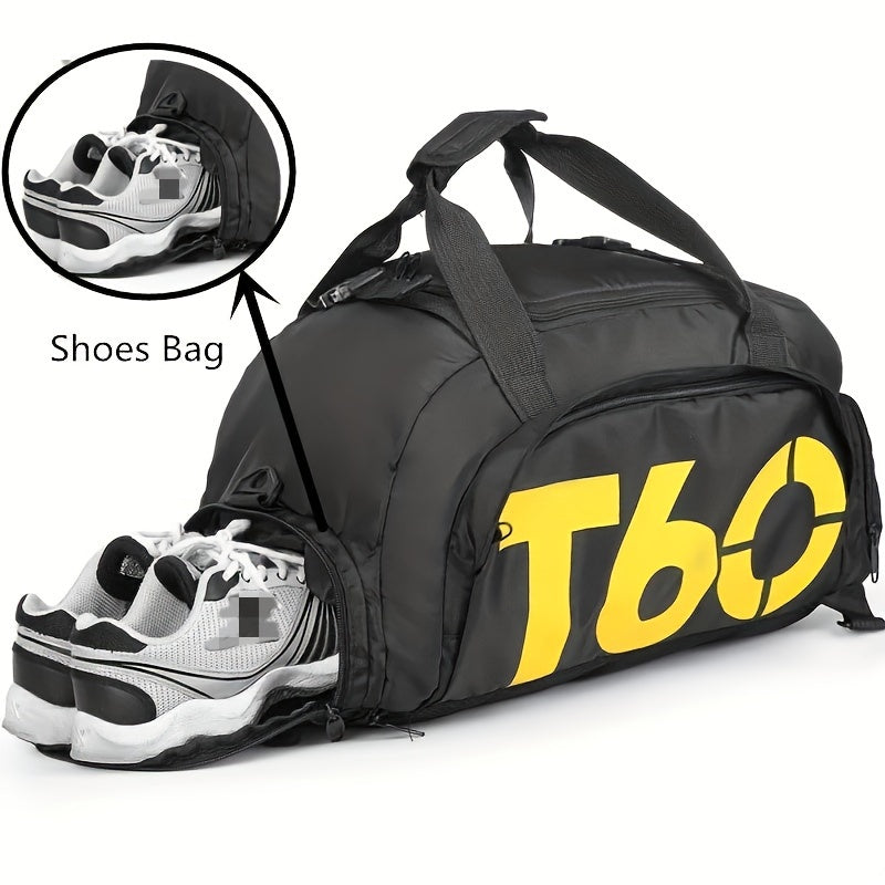 TT060 Large Waterproof Gym Bag with Zip Closure, Stylish Black & Yellow Letter Design, Ideal for Men & Women.