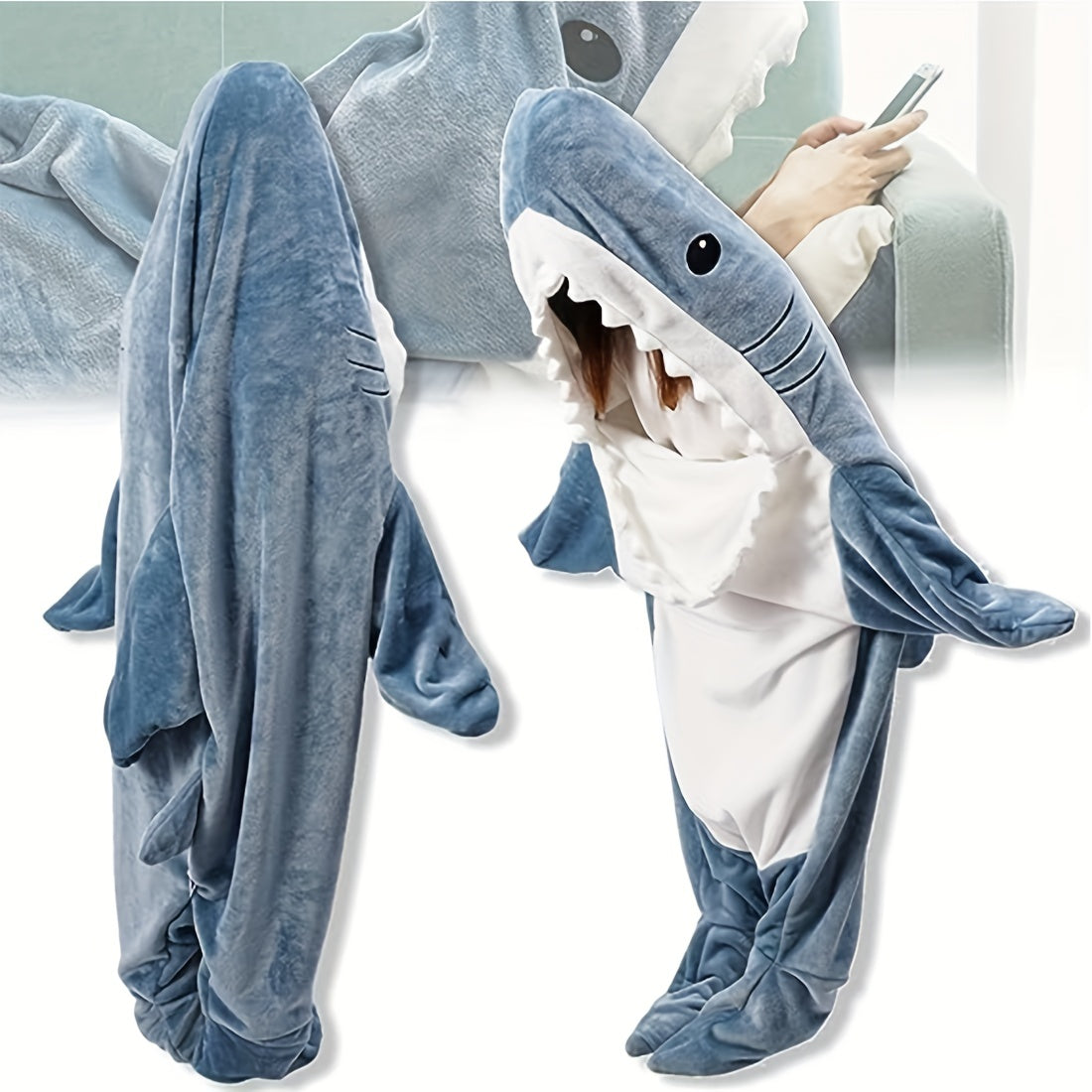 Stay cozy in this adorable shark-patterned blanket hoodie designed for adults. This cute and funny blue shark flannel blanket features a cartoon animal design perfect for lounging on the sofa, in bed, or even while camping in your car. A great gift idea