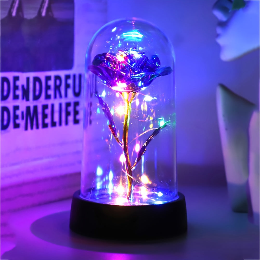 LED-lit Golden Foil Rose in Glass Dome - Battery-Powered Night Light with Pink or Yellow Flowers, great for gifting on special occasions like Valentine's Day, Mother's Day, weddings, and anniversaries. Ideal present for sisters, friends, and lovers.