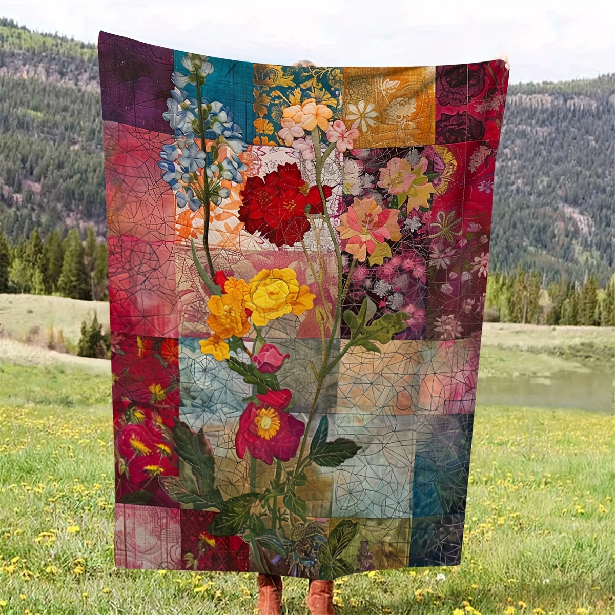 Soft Fleece Blanket with Floral Patchwork Design - Cozy Rustic Cabin Style Flannel Throw Blanket, Perfect Gift for Daughters