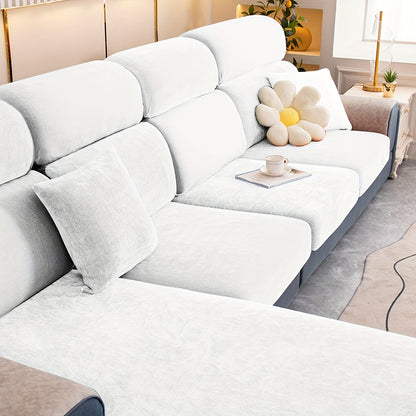 Stretchable plush velvet sofa cushion cover in contemporary gray with white accents; fits 1 to 4-seater sofas, machine washable, perfect for home decor.