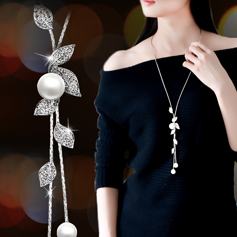 Long Sweater Chain Necklace with Imitation Pearl Leaf Tassel Pendant, Feminine Clothing Accessory