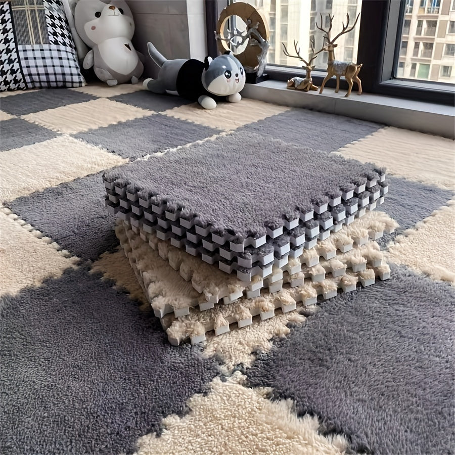 Soft and fluffy area rug set consisting of 36 plush interlocking foam tiles. Hand washable and machine made with polyester and EVA materials. Non-slip modular carpet perfect for living room or bedroom. Each tile measures 29.97 x 29.97 cm.