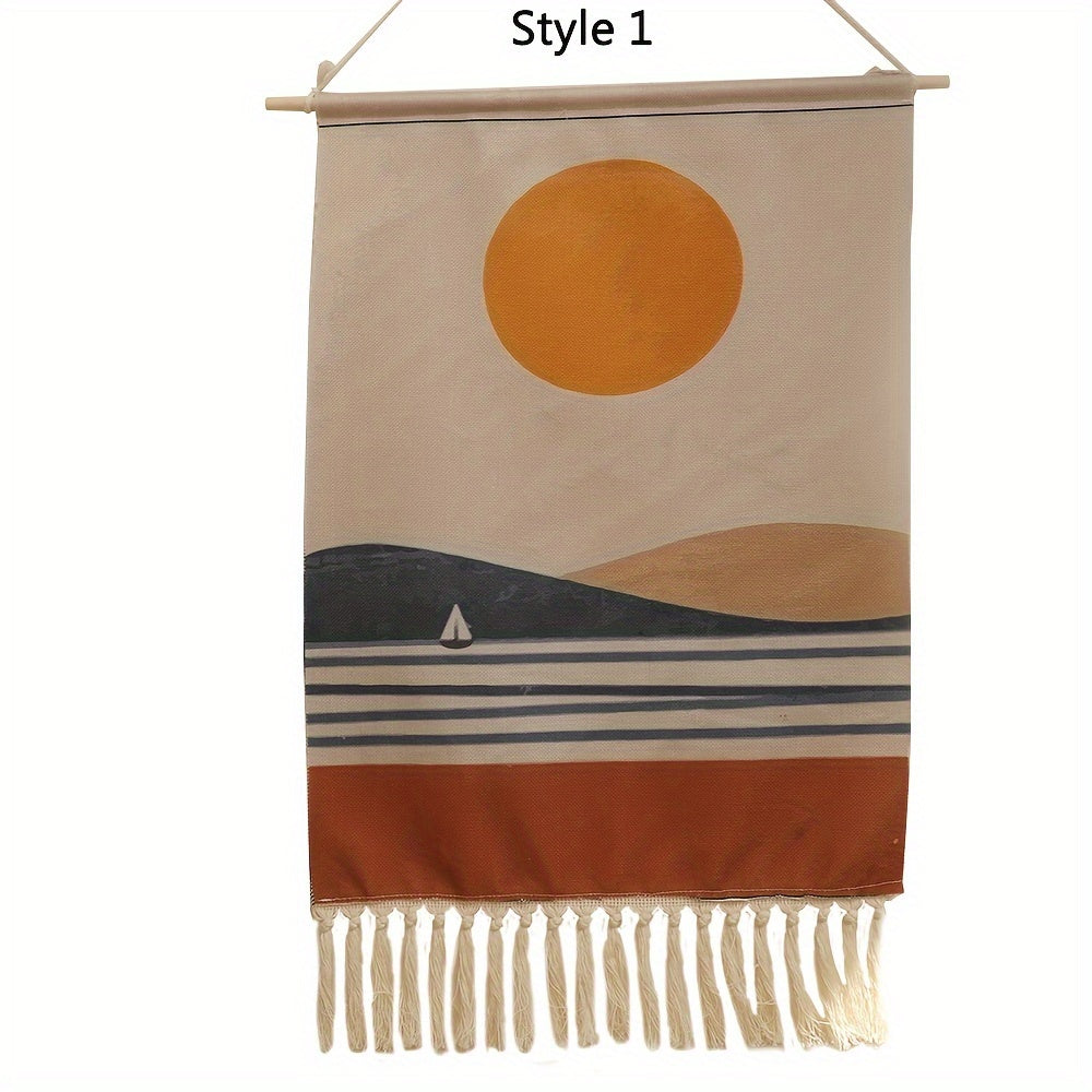 This linen wall tapestry features a fringe border and a bohemian sun and sailboat design, perfect for adding artistic flair to your living room or bedroom decor. Suitable for ages 14 and up.