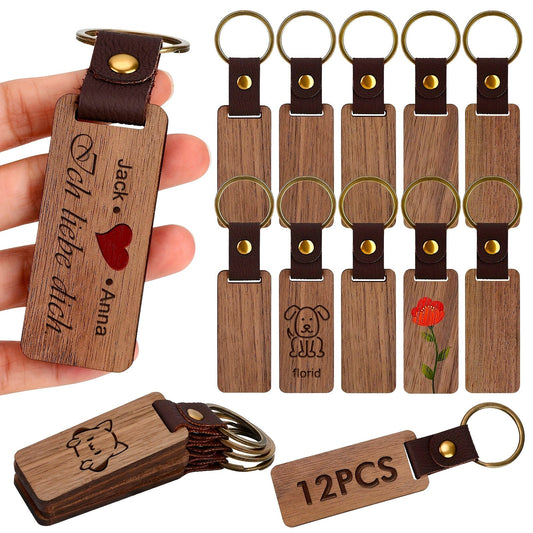 Customize your own set of 12 personalized wooden keychains with ring buckle, perfect for laser engraving. These DIY blank wood key rings are customizable for graduation, gifts, and crafts. Made with a durable walnut structure and leather strap, this