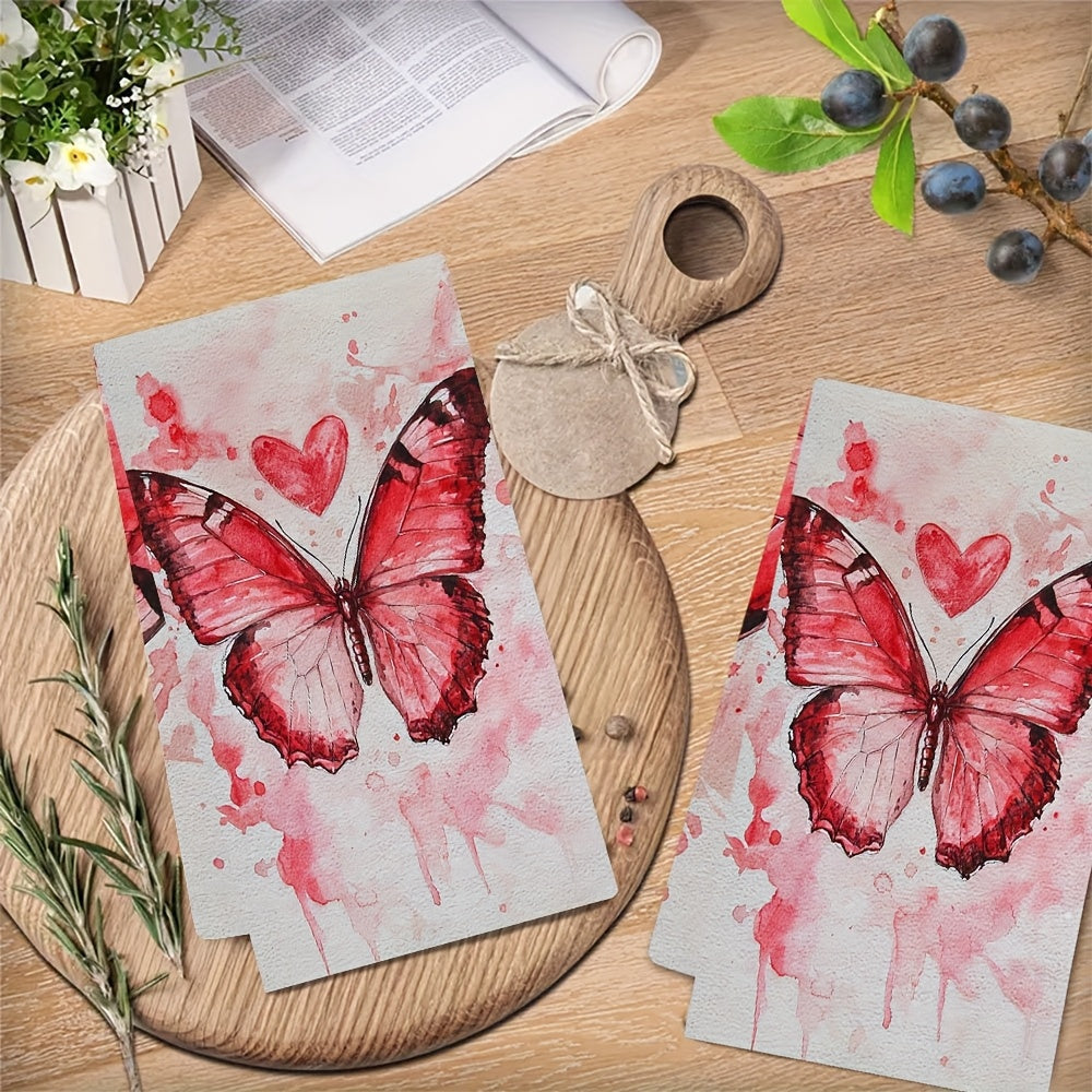 Get into the Valentine's Day spirit with these two ultra soft kitchen towels featuring a vibrant red butterfly and heart design. Made from highly absorbent polyester, these dish hand towels are machine washable and measure 40.64x60.96 cm. Perfect for