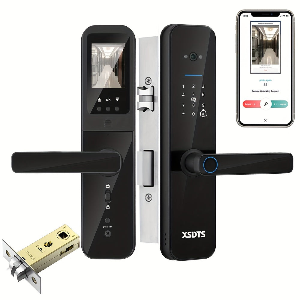 Smart door lock with biometric camera, fingerprint, smart card, password, and key unlock.