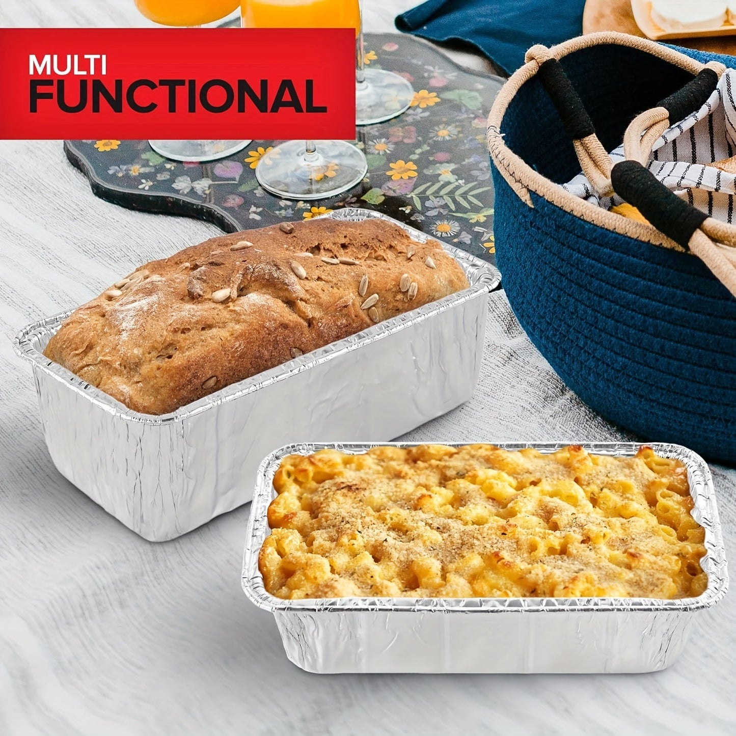 30 pieces of disposable foil loaf pans weighing 907.18g each, measuring 21.59x11.43cm. These bread pans double as food storage containers and take out boxes, ideal for baking bread and street treats.