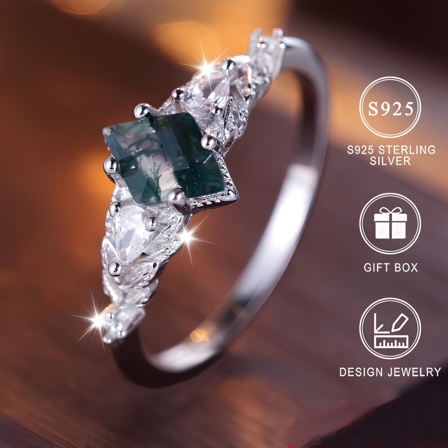 Elegant 925 Sterling Silver Ring Featuring Natural Moss Agate, Geometric Faceted Design, Perfect for June Birthdays or Valentine's Day. High-Quality Jewelry Ideal for Women to Wear Daily.