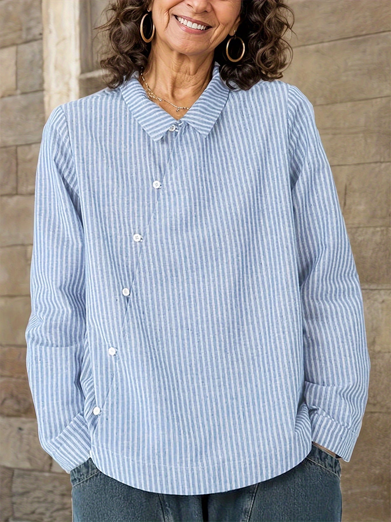 Casual striped cotton shirt for women with lapel collar, loose fit, and button front. Perfect for all seasons.