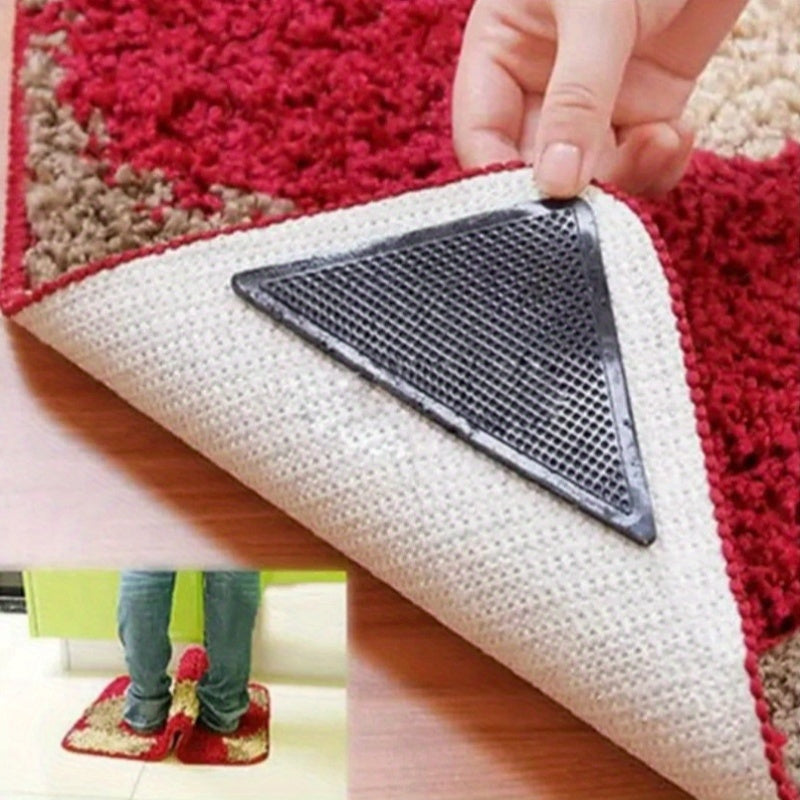 Triangle-shaped Rug Gripper Set of 4/8 Pieces - Washable, Anti-slip, Reusable Rubber Mats with Non-slip Patch Tape for Securing Tile Floors, Carpets, and Corners