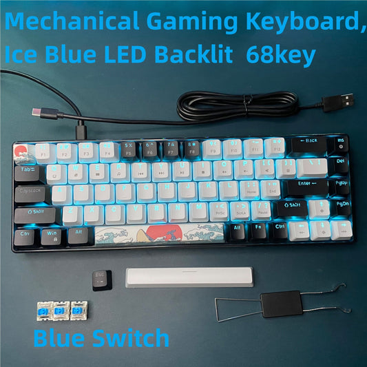 68-key Mechanical Gaming Keyboard with Sea Blue LED Backlight, Hot-Swappable Blue Switches, and Detachable Cable - Ideal for Windows/Mac users. Great for gifting on special occasions.