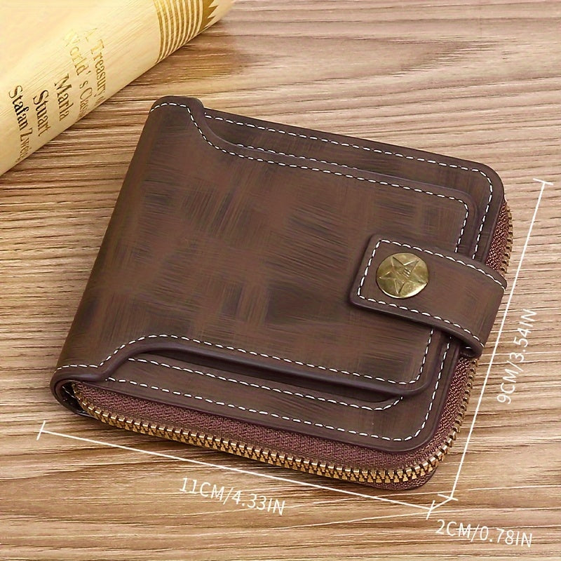 Men's small PU zipper bag with button decoration, credit card holder, and bifold design.