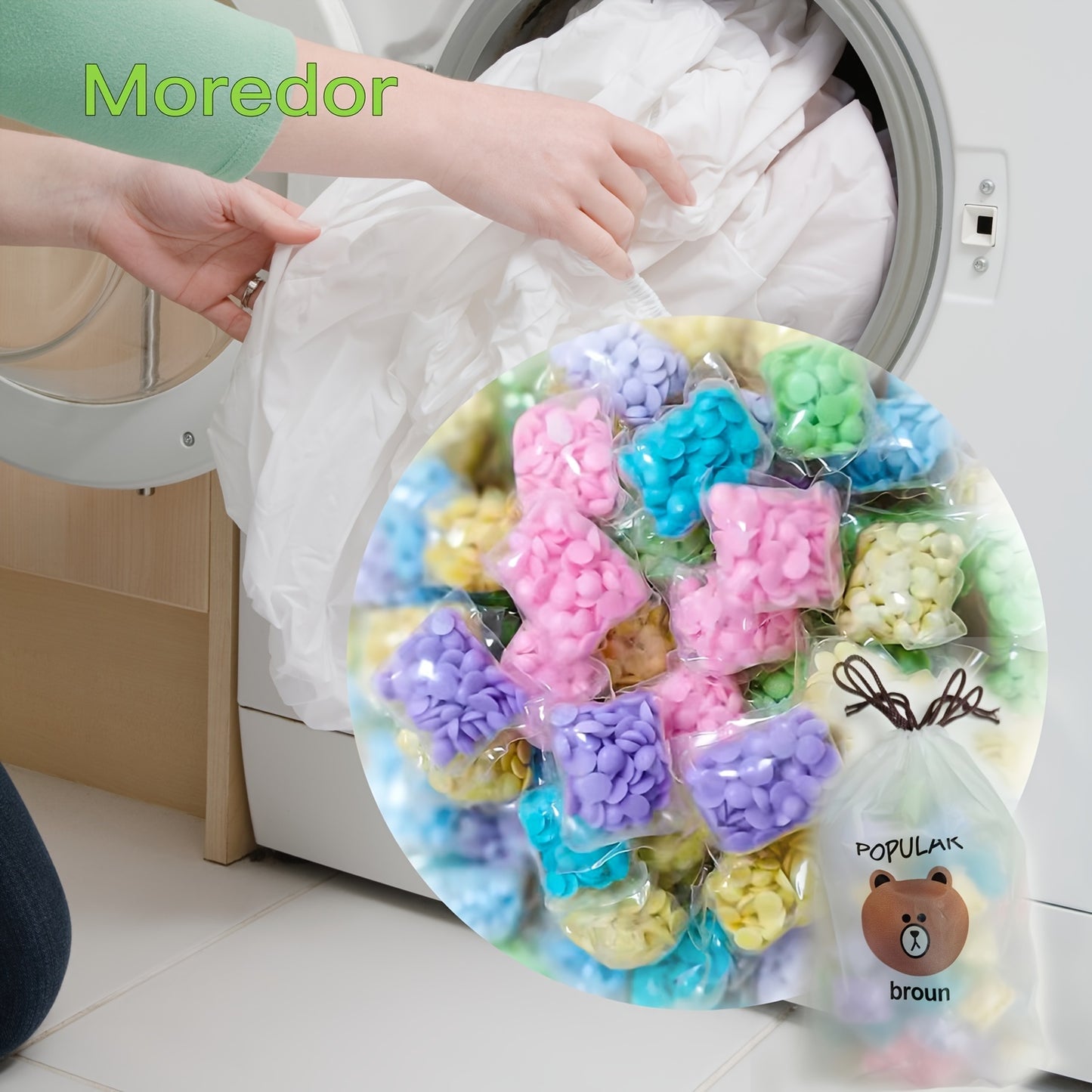 Laundry scent beads with double fragrance for odor removal and long-lasting freshness in commercial laundry rooms.