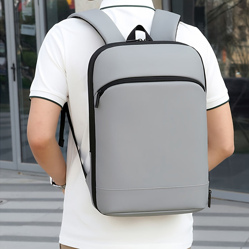 Expandable faux leather backpack with durable zipper, multi-pad laptop compartment, ideal for daily commute and outdoor business travel. Available in black, dark grey, and light grey