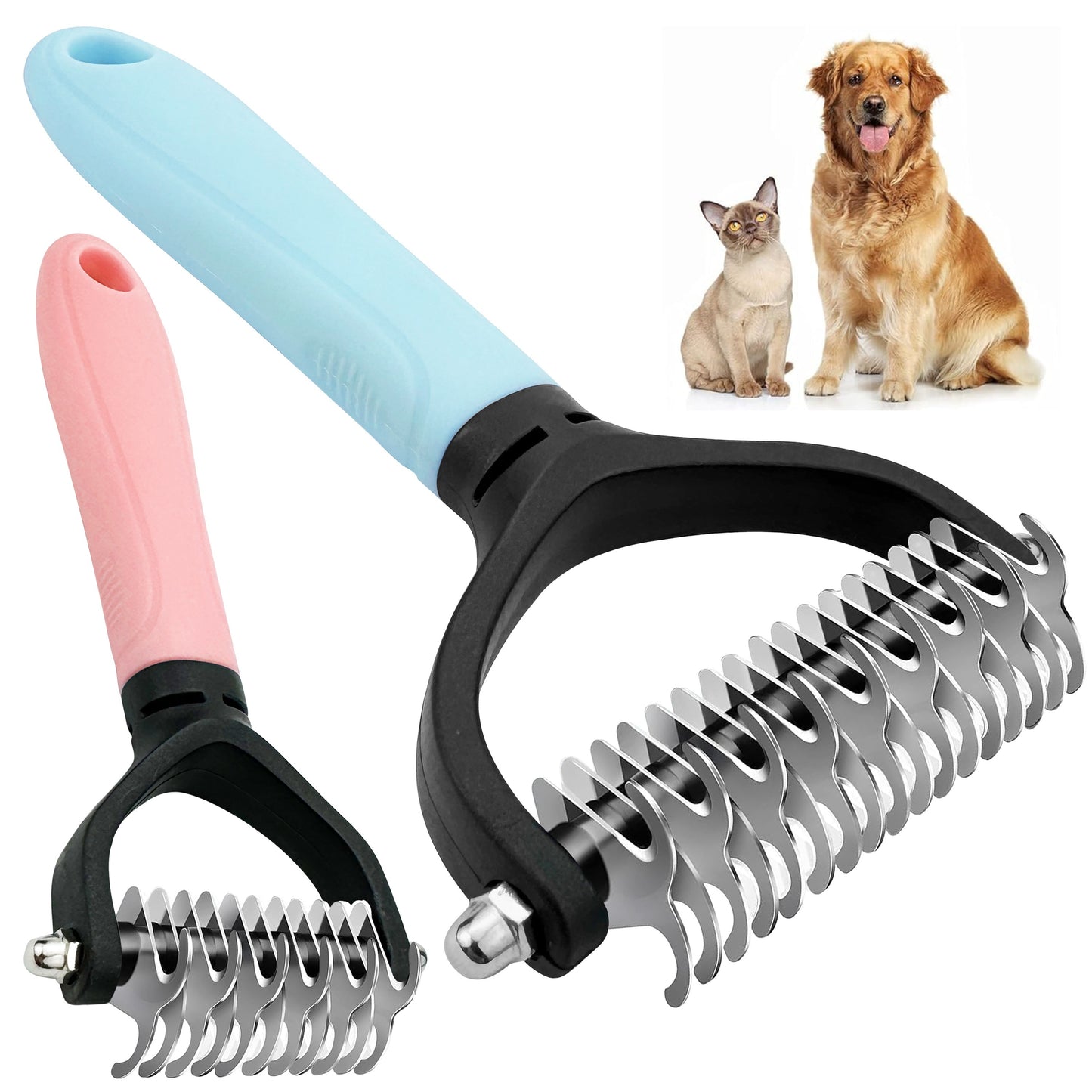 Durable stainless steel pet comb for cats and dogs, removes mats and tangles efficiently.