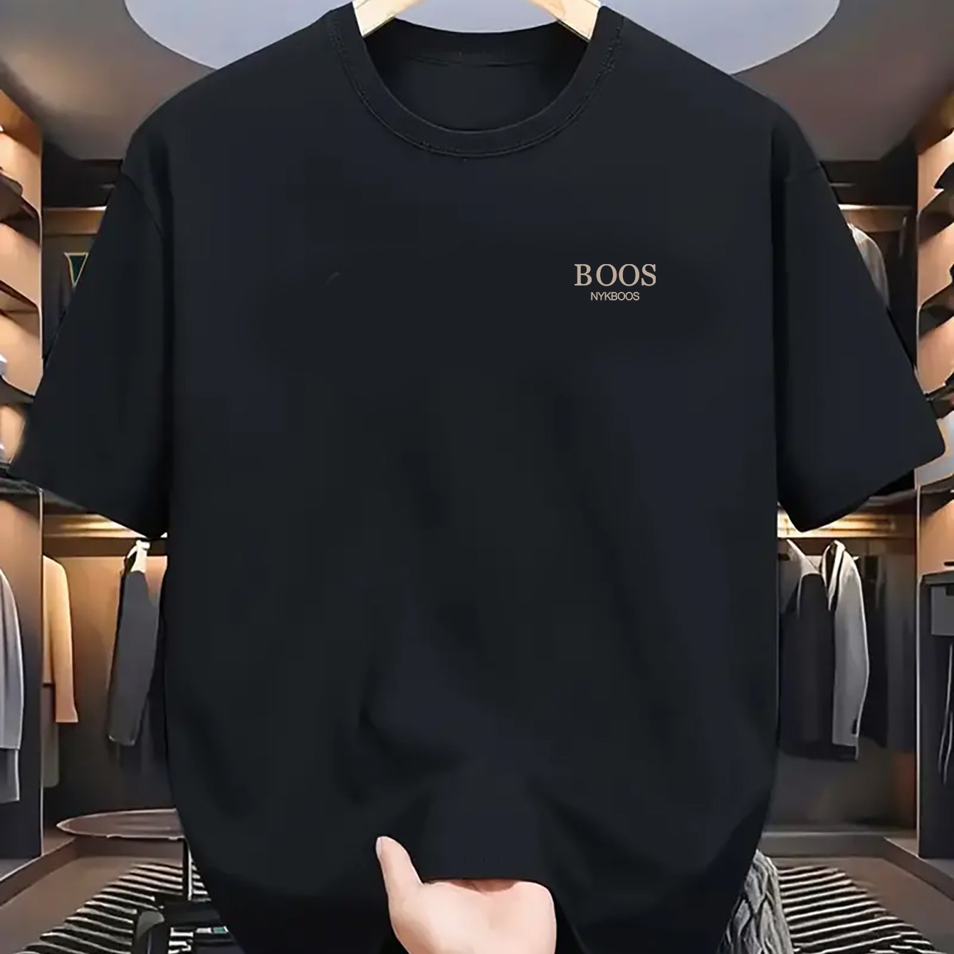 Yozgi sport va mashg'ulotlar uchun ideal, nafas oladigan polyesterdan tayyorlangan "BOOS" printli dengiz ko'k rangli erkaklar uchun crew neck futbolkasi.