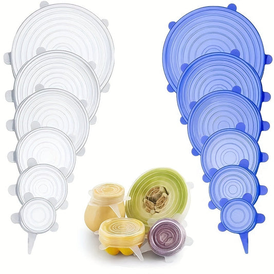 Silicone Stretch Lids 6 ta to'plami - Ko'p maqsadli oziq-ovqat idishlari qoplamalari, mevalar va sabzavotlar uchun qayta ishlatiladigan va cho'ziladigan yangilanish qopqog'i, uy uchun zarur oshxona asboblari