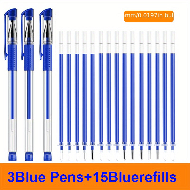 Set of 3 pens with 15 refills in black, blue, and red ink colors.