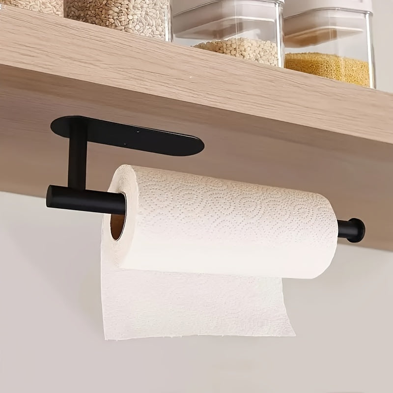 A sleek and modern paper towel rack that doesn't require any drilling, saving space in your kitchen or bathroom. This durable organizer can hold paper rolls, plastic sheets, and towels with ease. Installation is quick and easy, making it a stylish and