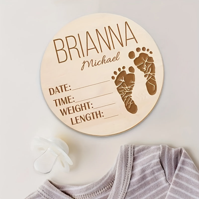 Personalized Wooden Baby Birth Announcement Sign with Custom Name and Footprint Design - Round Keepsake with Birth Details for Photo Props and Name Reveal - Suitable for Infants and Toddlers