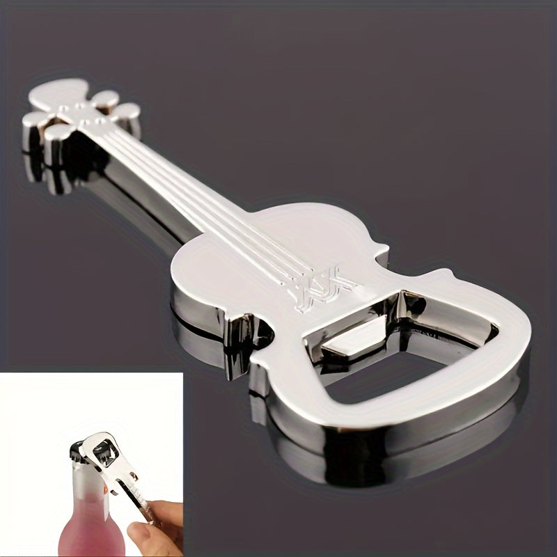 Guitar-shaped metal bottle opener keychain, ideal for music lovers and a great gift for kitchen and dining.