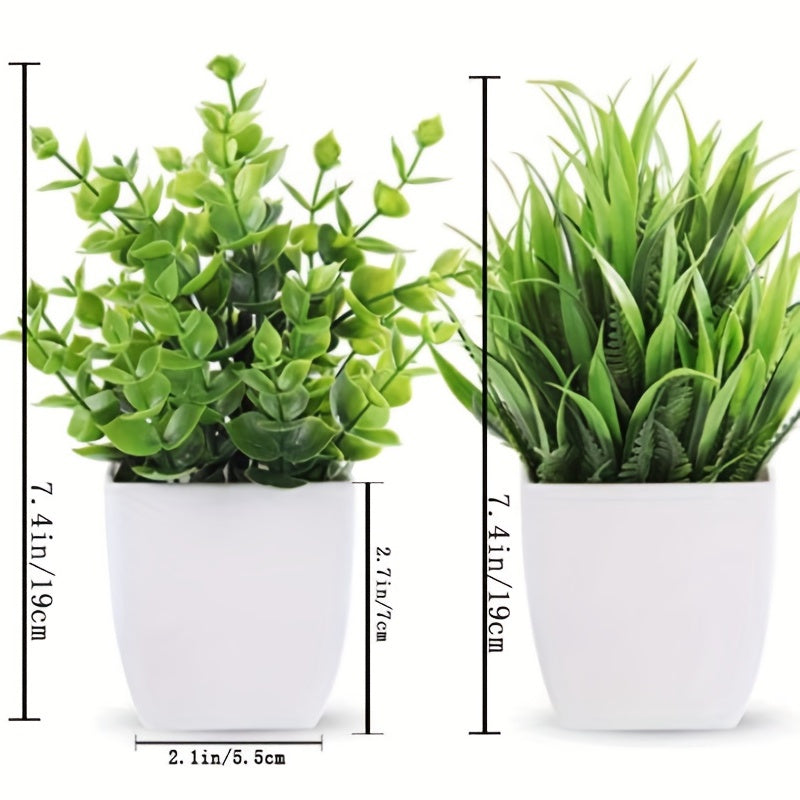 2 artificial mini potted plants with green eucalyptus leaves for summer home or desk decor.