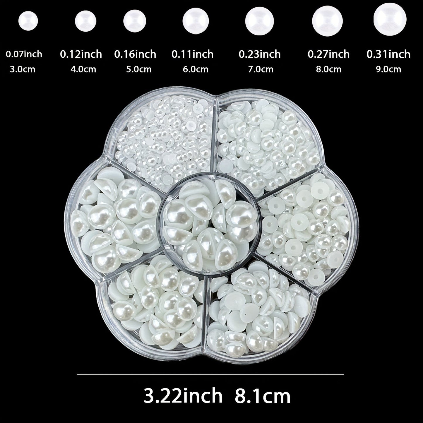 Crafters can get their hands on 3600 pieces of white half round resin pearls for various creative uses. These flat bottom pearls are perfect for nail art, makeup, and jewelry making. The set comes with multiple sizes ranging from 3mm to 9mm, along with