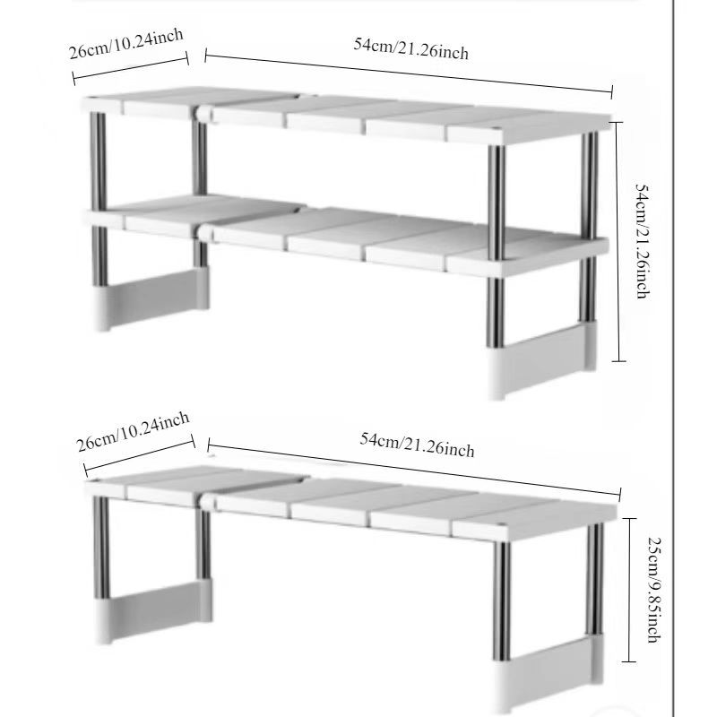 Adjustable plastic under sink organizer shelf with open storage rack for kitchen cabinet. No assembly needed, space-saving solution.