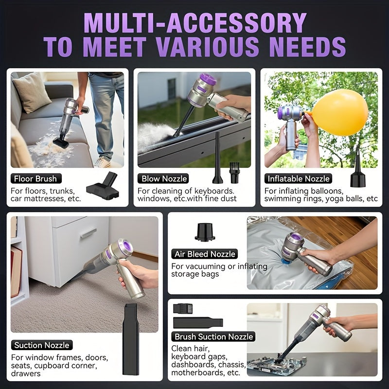 Get ready for back to school with the Suitu 100W High-Power Cordless Handheld Vacuum Cleaner! This portable 4-in-1 tool features 16000Pa suction and a rechargeable lithium battery for easy use. It also includes a dust brush and car detailing tool