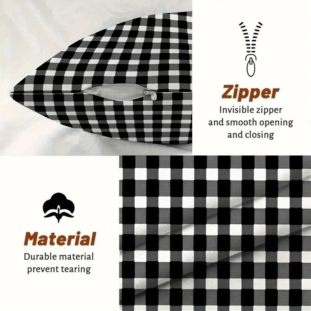 Two-pack of contemporary black and white checkered flannel pillow covers measuring 45.72x45.72 cm. These machine washable, zippered square cushion cases are perfect for use on your sofa, bed, or outdoor furniture in any season. Please note that pillow